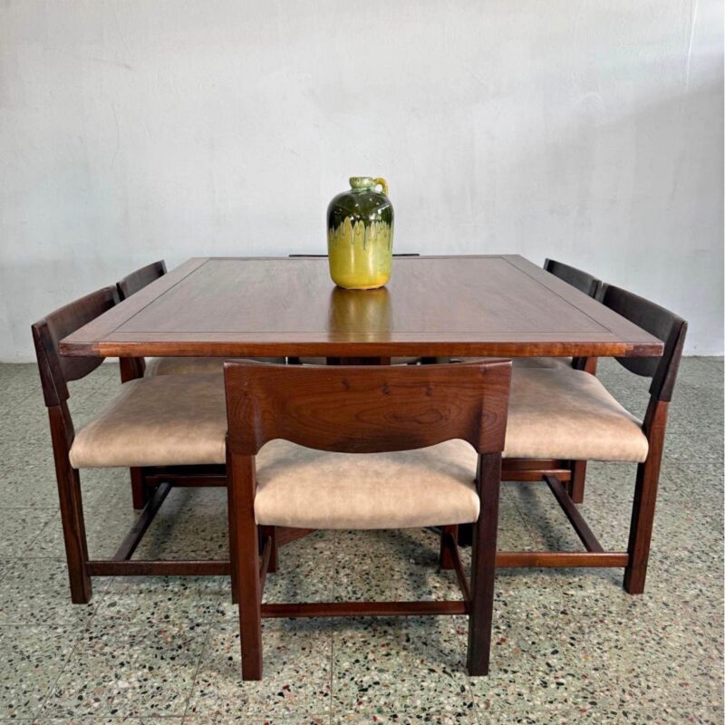 Mid Century Square Imbuia Dining Table and 6 Chairs