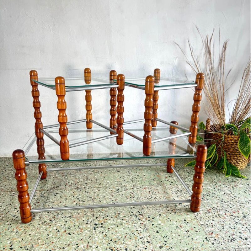70's Glass atomic style Glass and Chrome with Wooden Legs Coffee Table